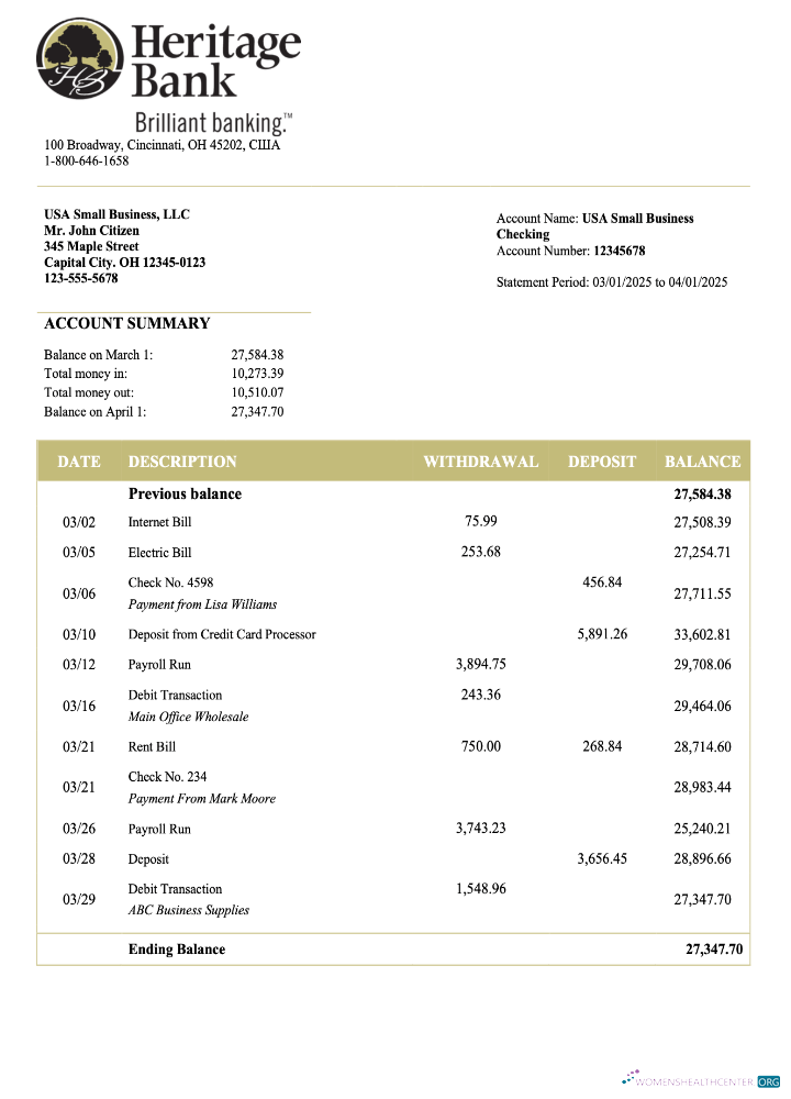 Download US Heritage business checking account statement Word and PDF template Photoshop template